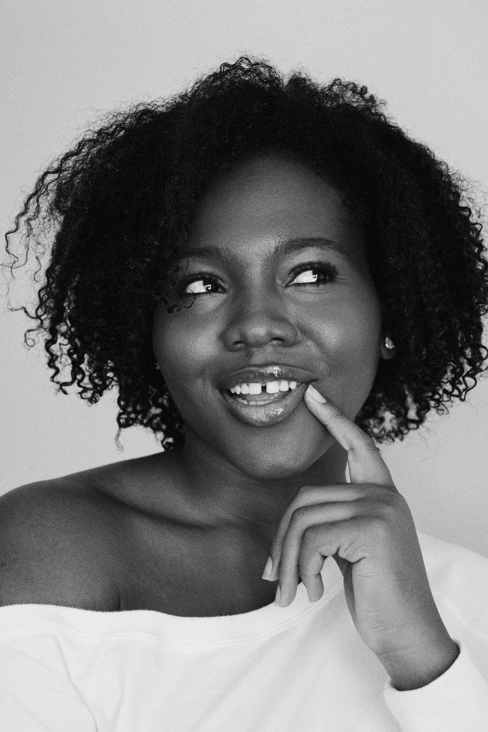Black-and-white beauty portrait of Treicy Saint Jean